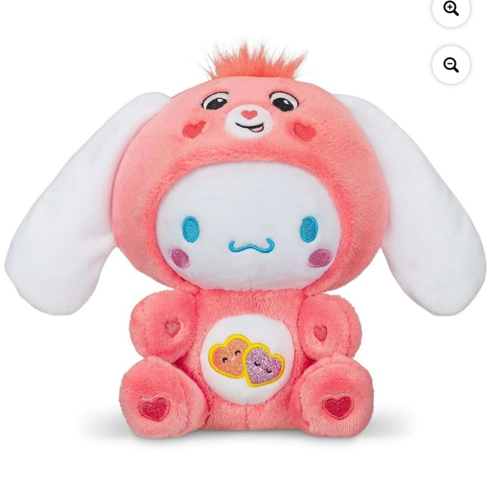 Hello Kitty Cinnamoroll plush dressed as Love-a-Lot Bear Care. Ear collaboration